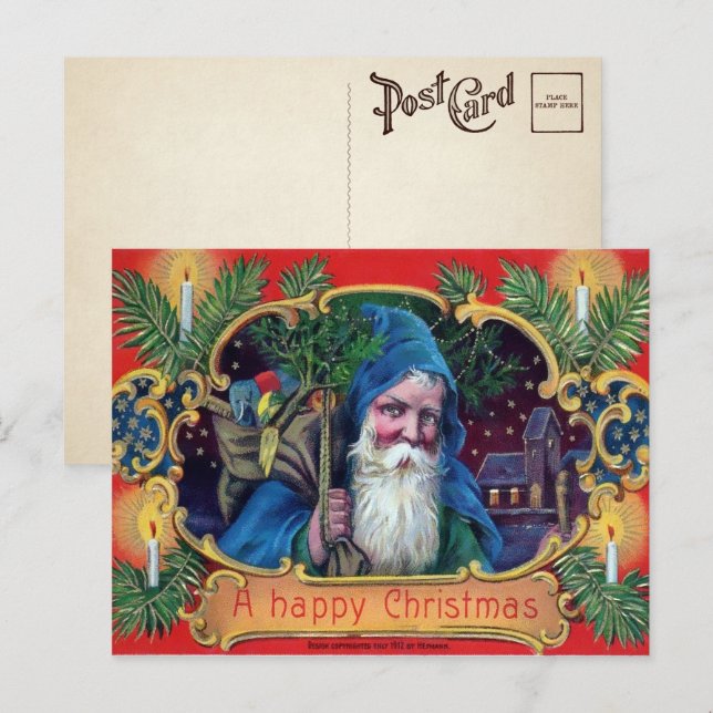 Vintag Blue Robed Santa Postcard Postkarte (Vorne/Hinten)