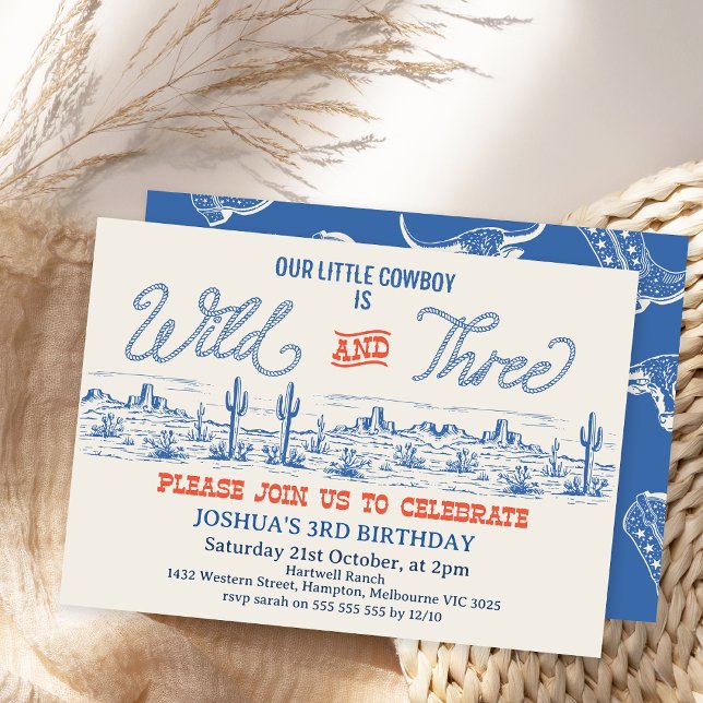 Vintag Blue Rodeo Wild und 3. Geburtstag Einladung (Boys Wild and Three Rodeo 3rd Birthday Invitation, Western Cowboy 3rd Birthday Invitation, Wild West)