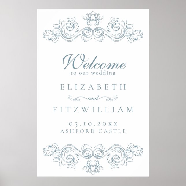 Vintag Blue Verziert Frame Wedding Willkommen Poster (Vorne)