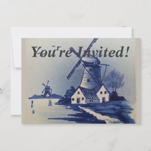 Vintag Blue White Delft Windmill Einladung (Vorderseite)