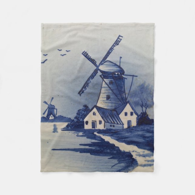 Vintag Blue White Delft Windmill Fleecedecke (Vorderseite)