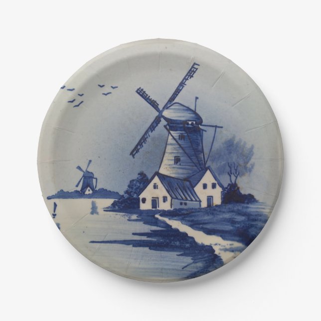 Vintag Blue White Delft Windmill Pappteller (Vorderseite)
