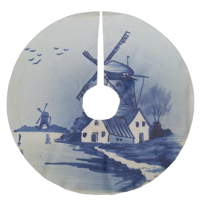 Vintag Blue White Delft Windmill Polyester Weihnachtsbaumdecke (Vorderseite)