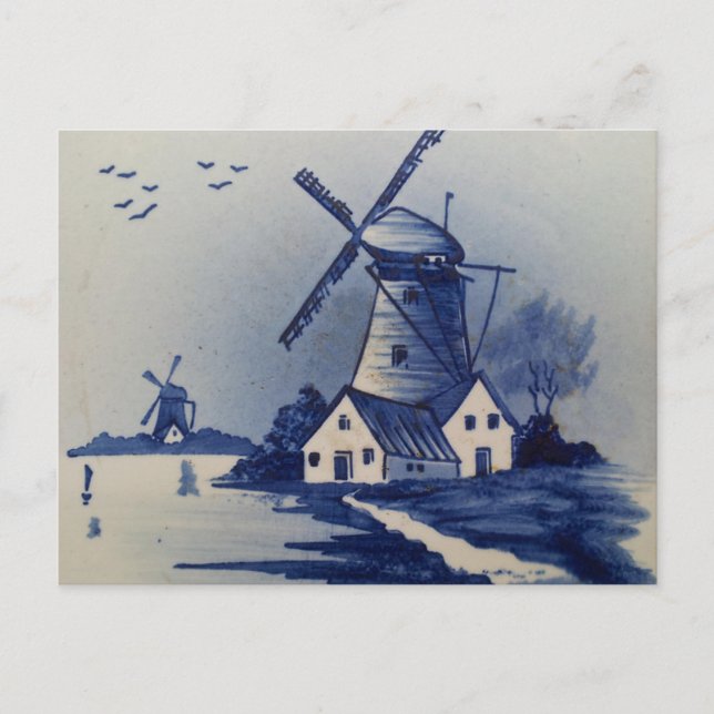 Vintag Blue White Delft Windmill Postkarte (Vorderseite)