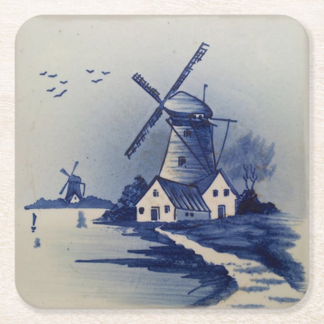 Vintag Blue White Delft Windmill Rechteckiger Pappuntersetzer (Vorderseite)