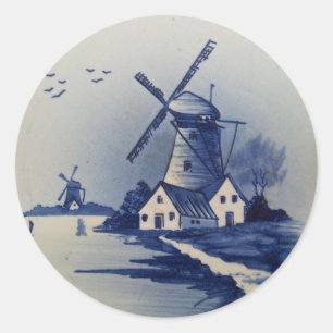 Vintag Blue White Delft Windmill Runder Aufkleber