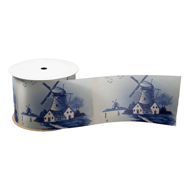 Vintag Blue White Delft Windmill Satinband (Spule)