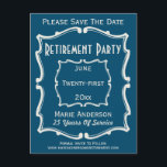 Vintag Blue White Save the Date Retirement Party Ankündigungspostkarte<br><div class="desc">Alte Vintage Schilder inspirierte mir,  einige meiner Designs zu kreieren. Dieses elegante Design besticht durch einen antiken,  Vintagen Typografiestil,  der sich perfekt für eine Save the Date Ruhekarte eignet. Laden Sie Ihre Familie und Freunde zu einer Ruhestagsfeier Save the Date. Klassische und klassische blau-weiße Farben.</div>