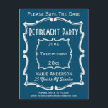 Vintag Blue White Save the Date Retirement Party Ankündigungspostkarte<br><div class="desc">Alte Vintage Schilder inspirierte mir,  einige meiner Designs zu kreieren. Dieses elegante Design besticht durch einen antiken,  Vintagen Typografiestil,  der sich perfekt für eine Save the Date Ruhekarte eignet. Laden Sie Ihre Familie und Freunde zu einer Ruhestagsfeier Save the Date. Klassische und klassische blau-weiße Farben.</div>