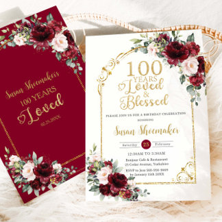 Vintag Blush Burgundy Bloral 100. Geburtstag Liebe Einladung
