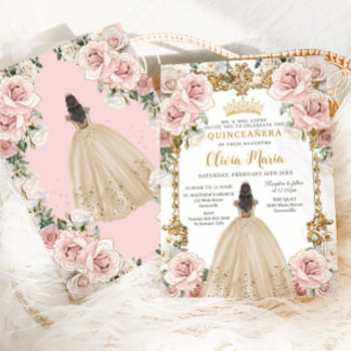 Vintag Blush Champagne Blumenkleid Quinceanera Einladung