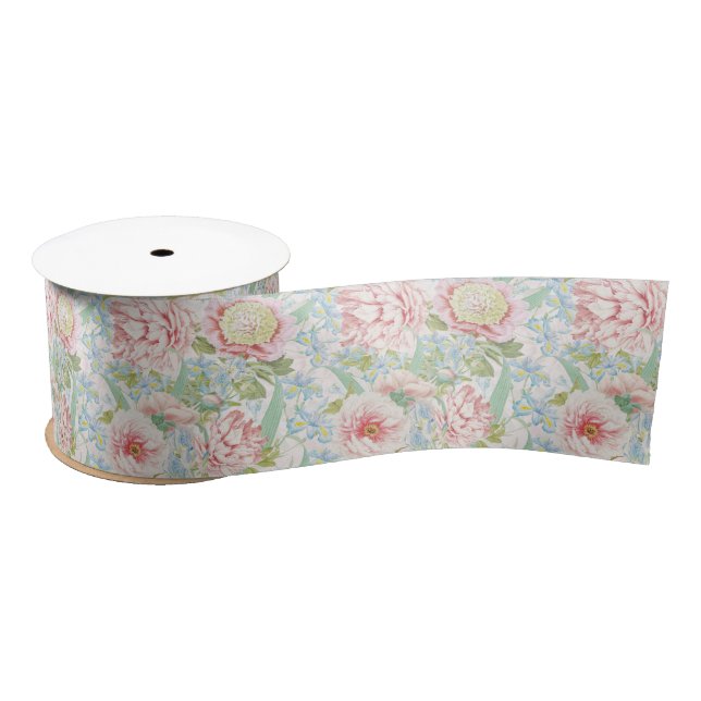Vintag Blush Peony Blume Blau Iris Muster Satinband (Spule)