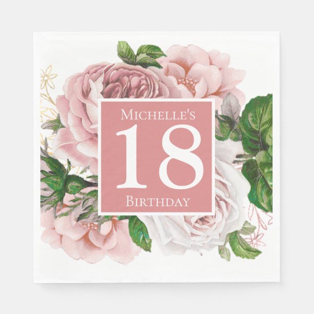 Vintag Blush Pink Blumengrün 18. Geburtstag Serviette (Vorderseite)