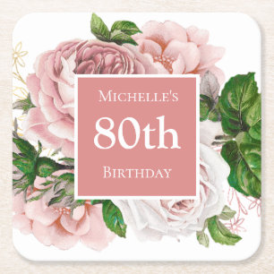 Vintag Blush Pink Floral 80. Geburtstagsparty Rechteckiger Pappuntersetzer