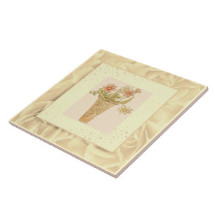 Vintag Blush Pink Grün und Gelb Blumen Fliese