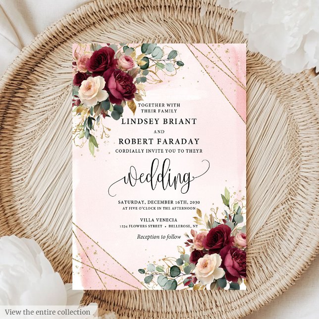 Vintag Boho Maroon Gold Blush Blume Hochzeit Einladung (Vintage Boho Maroon Gold Blush Flowers Wedding Invitation)
