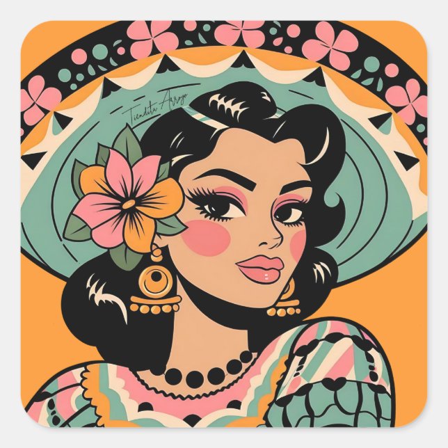 Vintag Bonita Fiesta Mujer Mariachi Quadratischer Aufkleber (Vorderseite)