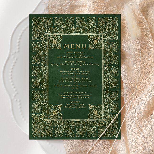 Vintag Book Green Gold Wedding Menu Menükarte (Von Creator hochgeladen)