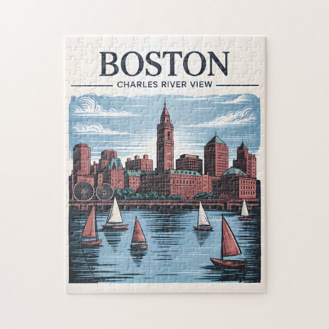 Vintag Boston Massachusetts City & Sailboats (Vertikal)
