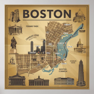 Vintag Boston Massachusetts Map, Boston Ma Us Map Poster