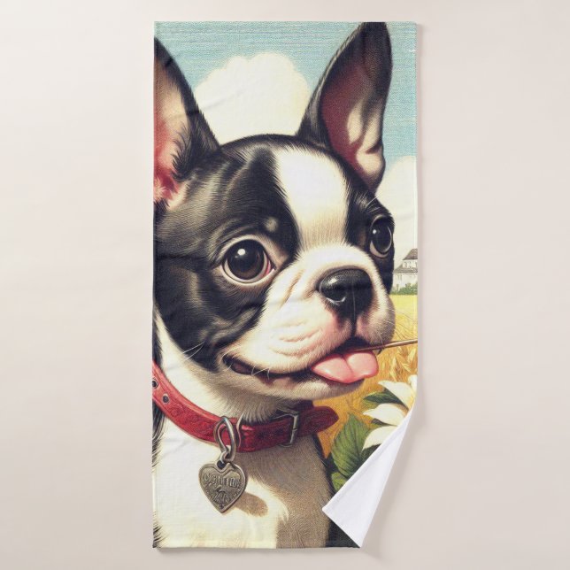 Vintag Boston Terrier Illustration Badehandtuch (Badehandtuch)