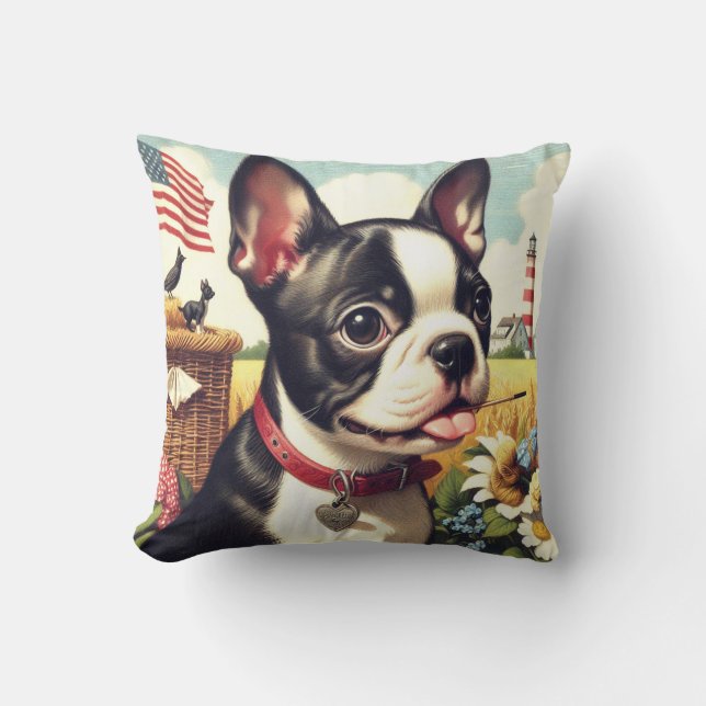 Vintag Boston Terrier Illustration Kissen (Vorderseite)