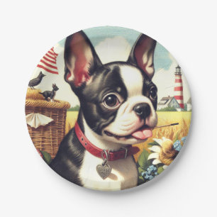 Vintag Boston Terrier Illustration Pappteller