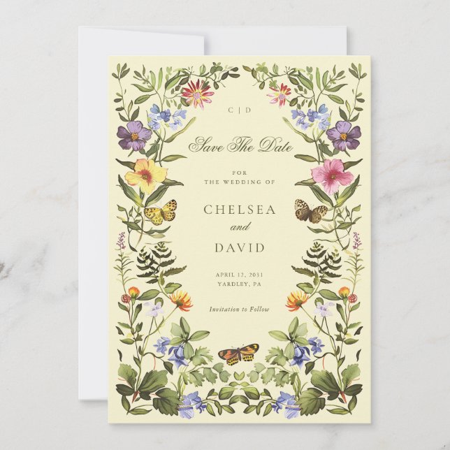 Vintag Botanische Wildblume Boho Save the Date Einladung (Vorderseite)