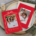 Vintag Bow Frohe Weihnachten Red 2 Foto Folien Feiertagskarte<br><div class="desc">Feiern Sie die Saison stilvoll mit dieser luxuriösen Weihnachtskarte, die Ihr Lieblings-Vertikal-Foto-Set mit einem reichen roten Hintergrund mit einer eleganten Goldfolienbogen und Band schmückt. "Frohe Weihnachten" glänzt in Goldfolie und fügt eine Touch von Raffinesse hinzu. Darunter befindet sich Platz, um Ihren Familiennamen zu personalisieren. Die Rückseite der Karte bietet Platz...</div>