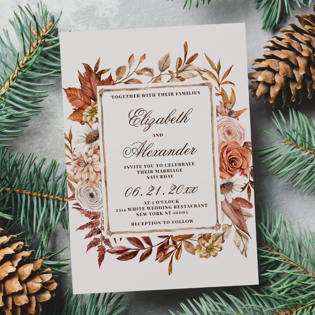 Vintag-braune Orangenblumen Blätter Winterhochzeit Einladung (Vintage brown orange floral leaves winter wedding)