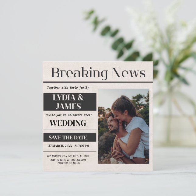 Vintag Breaking News Foto Einladung Hochzeitsfeier (Stehend Vorderseite)