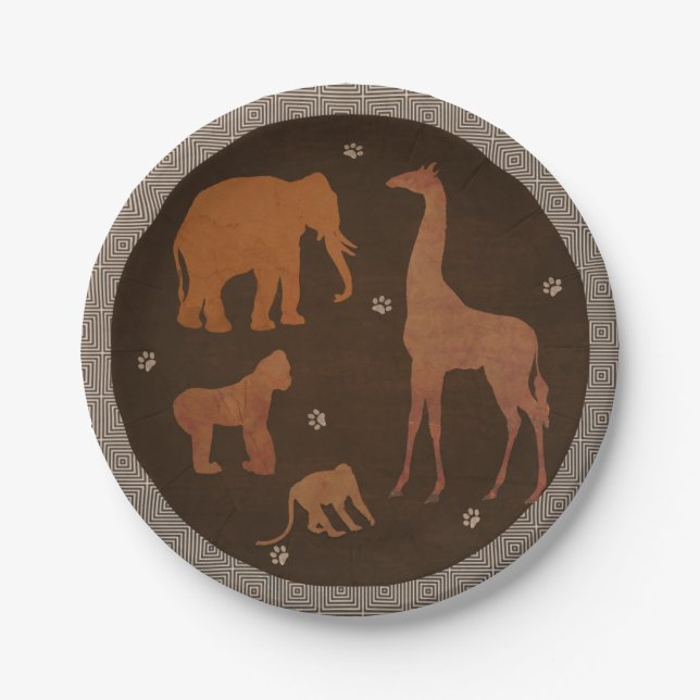 Vintag-Brown African Safari Jungle Zootiere Pappteller (Vorderseite)