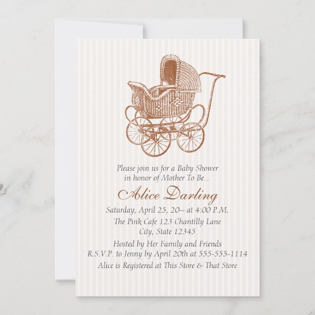 Vintag Brown Baby Carriage Baby Dusche Einladung (Vorderseite)