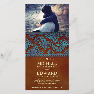 Vintag Brown & Blue Damask Lace Save the Date