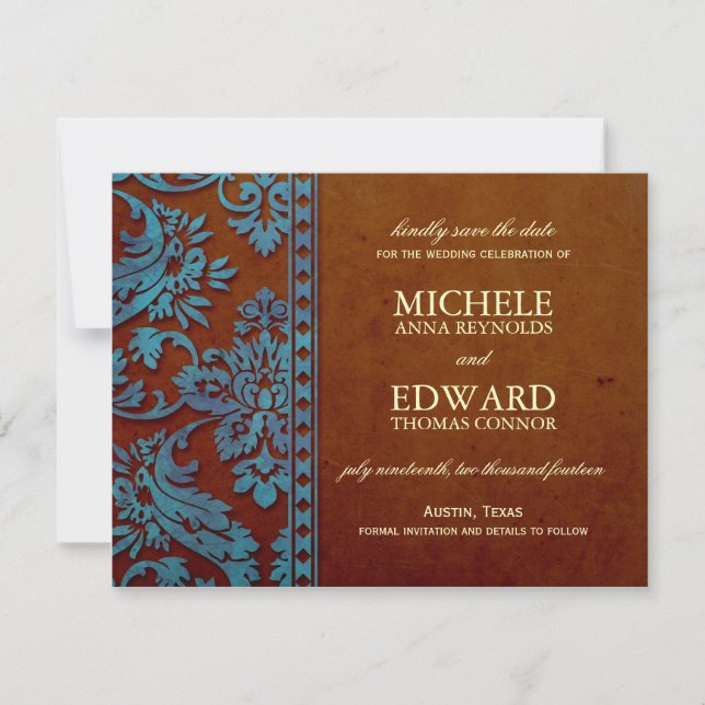 Vintag Brown & Blue Damask Lace Save the Date (Vorderseite)