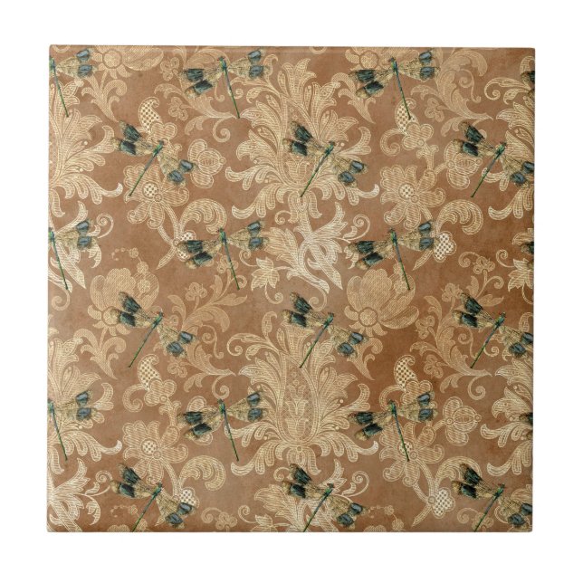 Vintag Brown Damask Blumengrün-Libellen Fliese (Vorderseite)