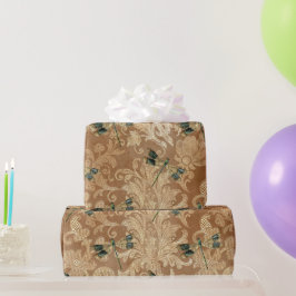 Vintag Brown Damask Blumengrün-Libellen Geschenkpapier