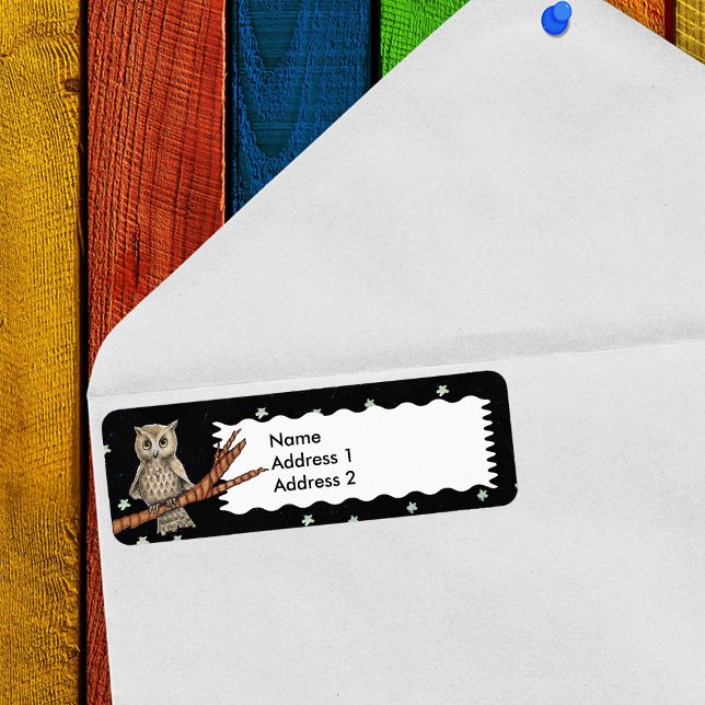 Vintag Brown Owl Necklass Crescent Moon Stars (Pretty owl wearing necklace on a branch on black with white stars return address label.)