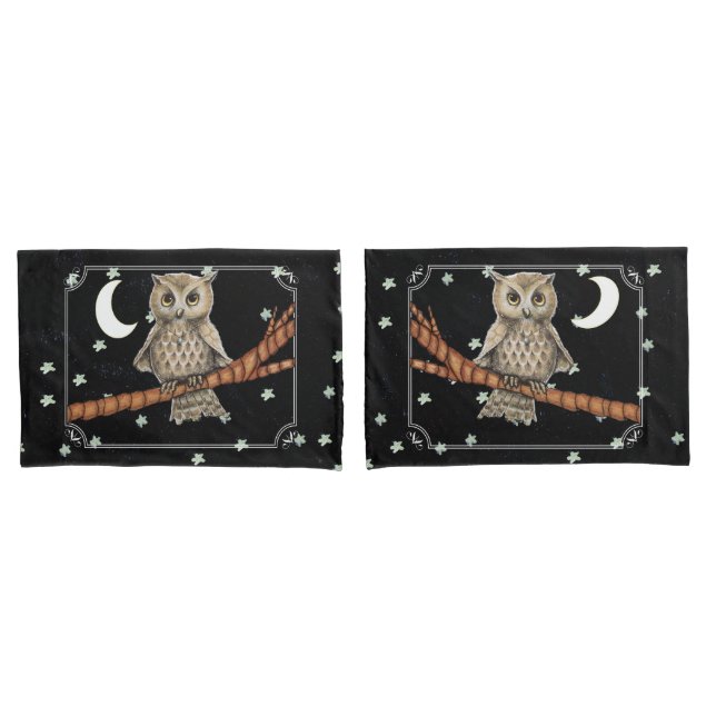Vintag Brown Owl Necklass Crescent Moon Stars Kissenbezug (Vorderseite-Set)
