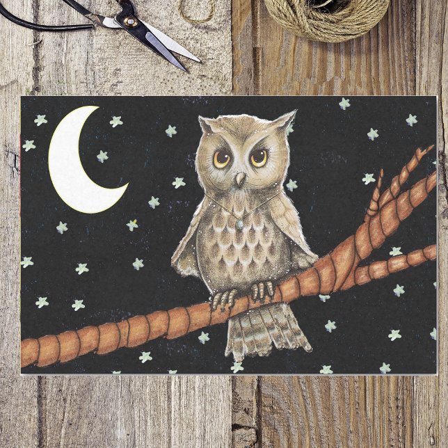 Vintag Brown Owl Necklass Crescent Moon Stars Seidenpapier (PRetty brown owl blue necklace on branch moon stars on black wrapping tissue paper.)