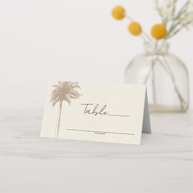 Vintag Brown Palm Tree Beach Hochzeit Tischnummer Platzkarte (Vorderseite)