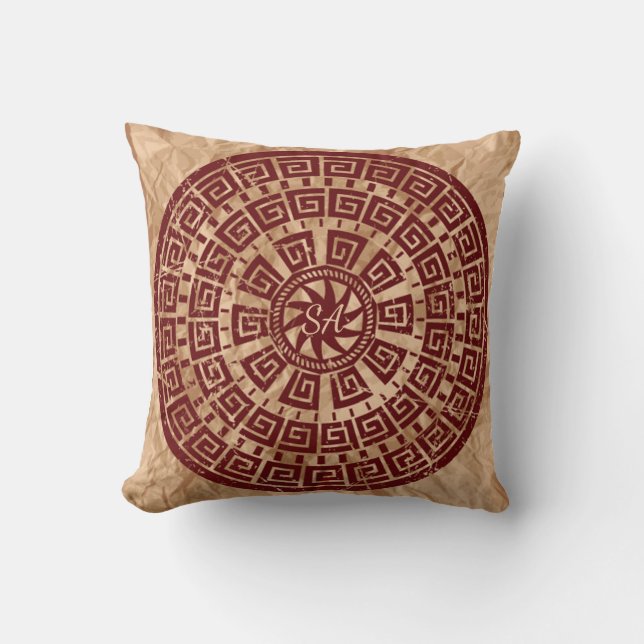 Vintag Brown und Maroon Mit Monogramm Kissen (Vorderseite)