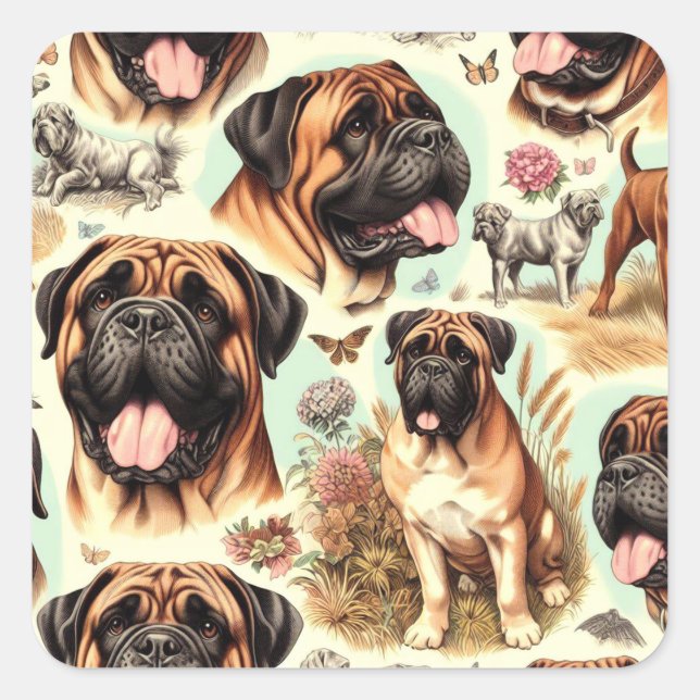Vintag Bullmastiff Nahtlos Quadratischer Aufkleber (Vorderseite)