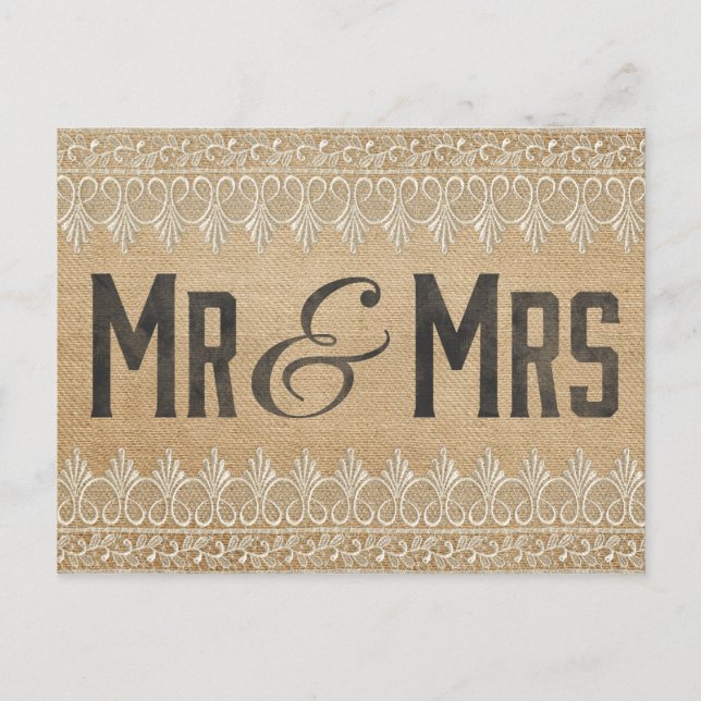 Vintag Burlap Mr & Mrs Postcard Postkarte (Vorderseite)