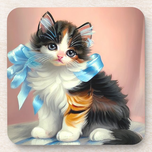 Vintag Calico Kitten Illustration Getränkeuntersetzer (Vorderseite)