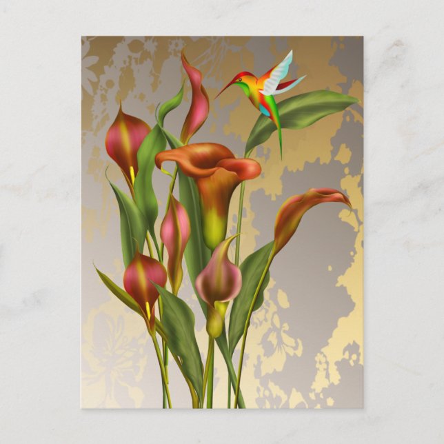 Vintag Calla Lilies und Hummingbird Postkarte (Vorderseite)