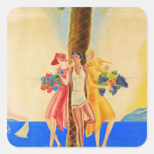 Vintag Cannes French Travel Quadratischer Aufkleber (Vorderseite)