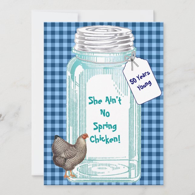 Vintag Canning Jar Blue Gingham Design Einladung (Vorderseite)