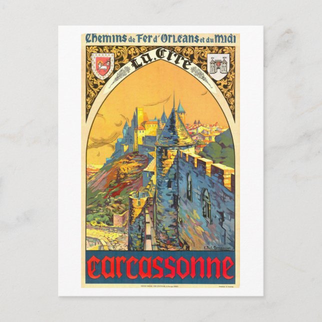 Vintag Carcassonne Reiseplakat Postkarte (Vorderseite)
