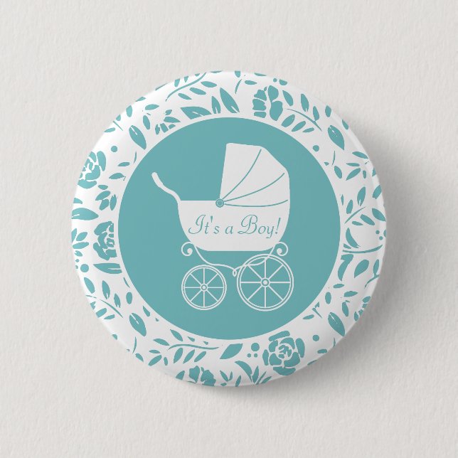 Vintag Carriage Baby Dusche Niedlich Blue Boy Button (Vorderseite)